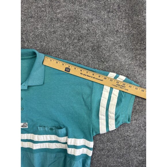 Vintage Huk A-Poo Shirt Mens L Teal White Striped Retro Polo Short Sleeve 80s - Picture 3 of 6